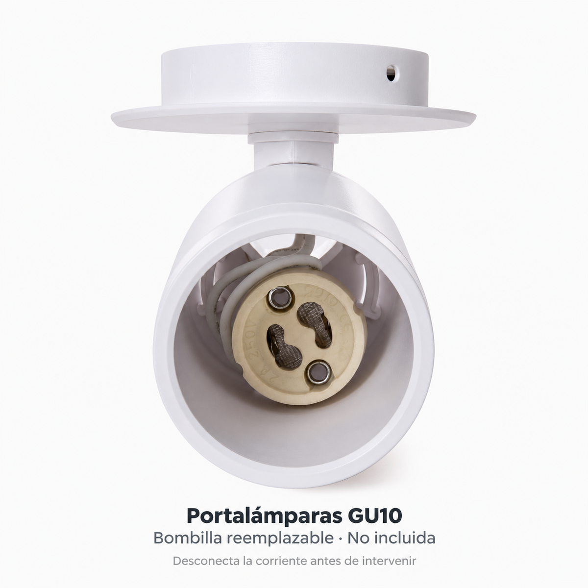 Detalle del portalámparas GU10 del foco blanco 20126; bombilla no incluida