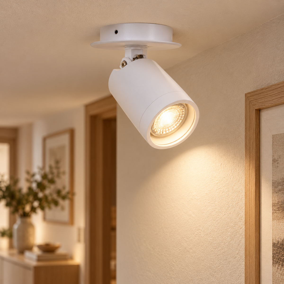 Foco blanco orientable GU10 de montaje empotrado o superficie, vista en ambiente instalado