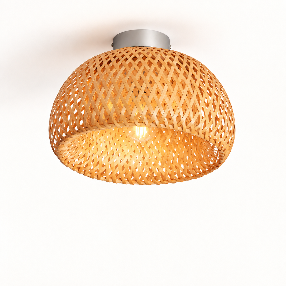 Plafón de bambú trenzado natural Ø30 cm E27, luz encendida