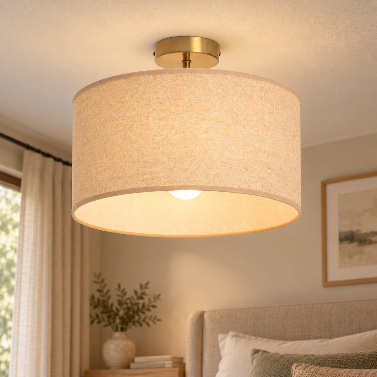 Plafón de tela beige con soporte dorado Ø40 cm E27, vista en ambiente instalado