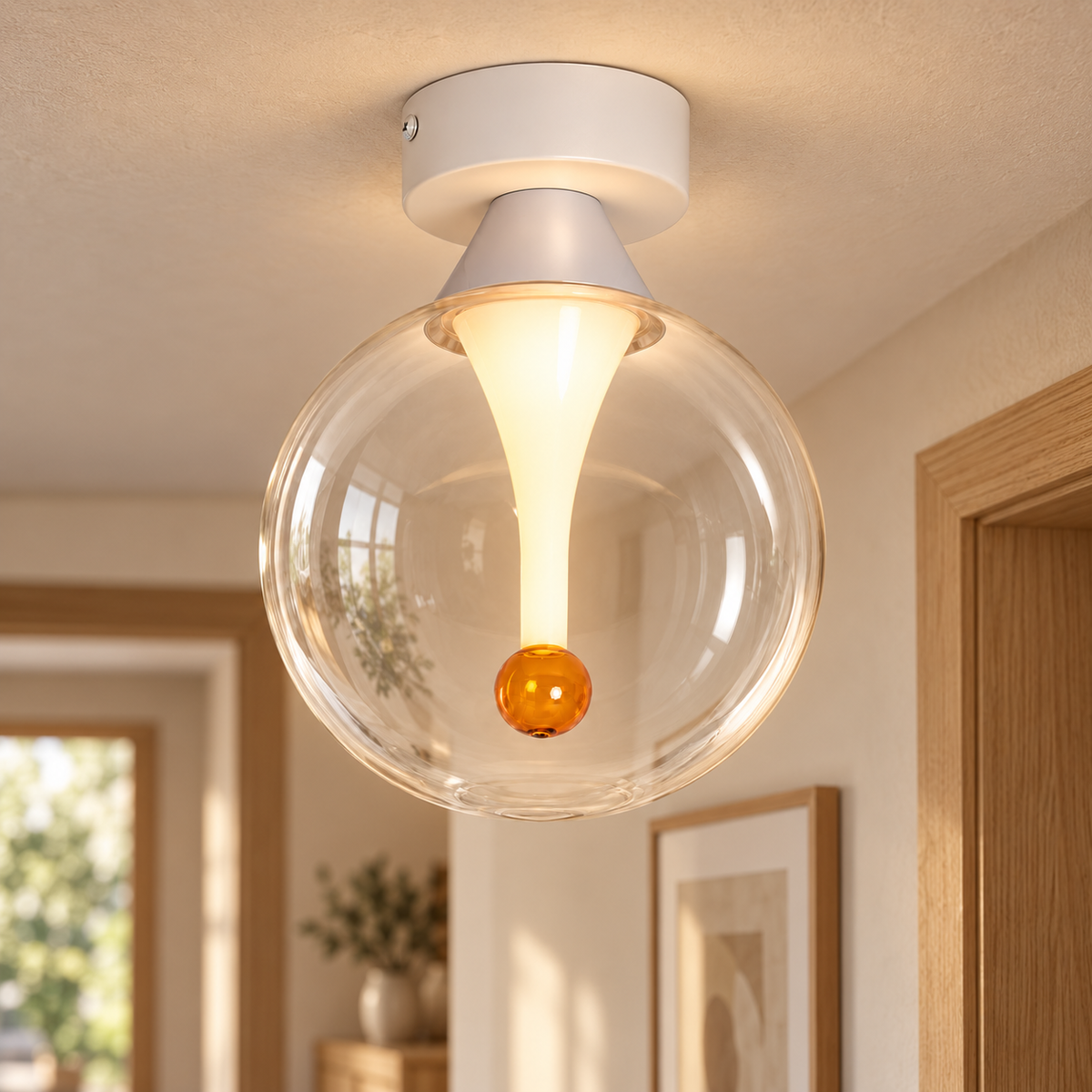 Plafón LED de cristal transparente con núcleo blanco 8 W 3000 K, vista en ambiente instalado