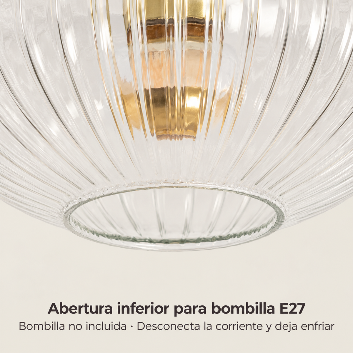 Plafón de cristal transparente estriado y metal dorado Ø24 cm E27 20131, detalle de la abertura inferior para bombilla E27 no incluida
