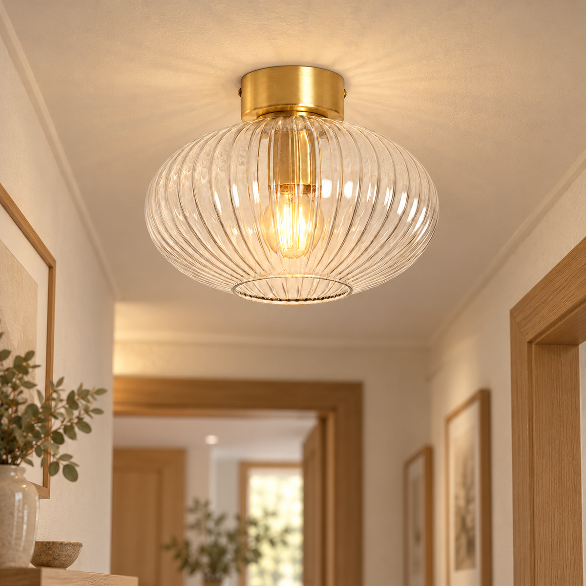 Plafón de cristal transparente estriado y metal dorado Ø24 cm E27, vista en ambiente instalado