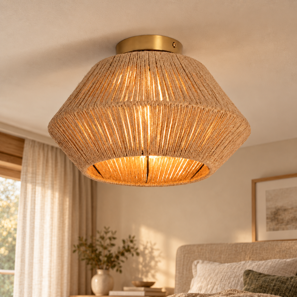 Plafón geométrico de cuerda natural y metal Ø35 cm E27, vista en ambiente instalado