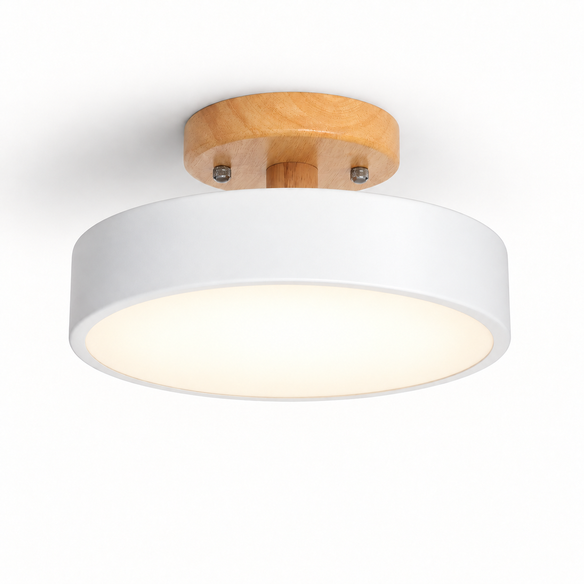 Plafón LED blanco con florón de madera 12 W CCT Ø23 cm, luz encendida