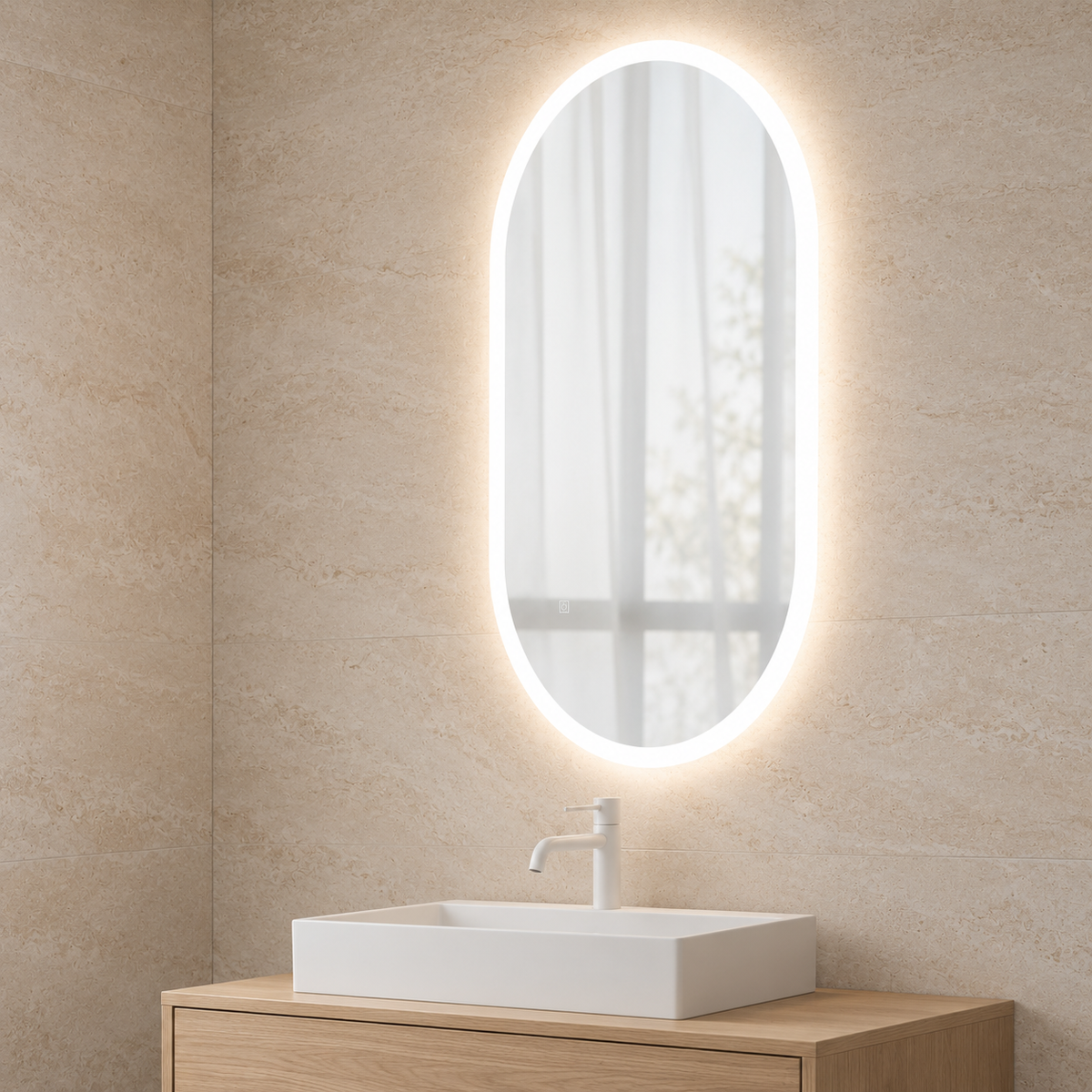 Espejo ovalado LED encendido sobre lavabo, representación ambiental