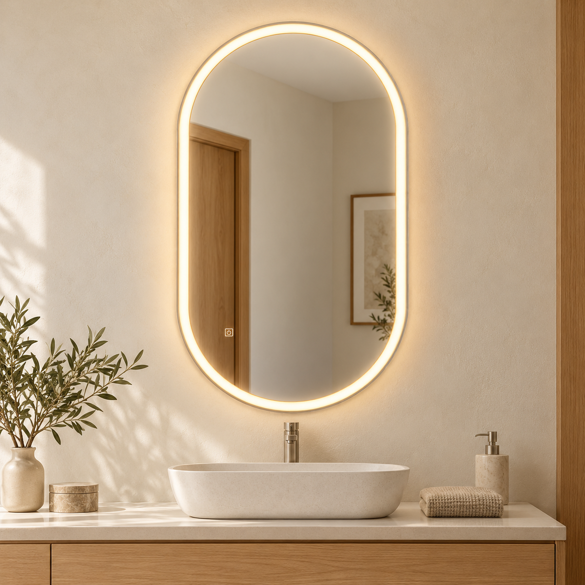 Espejo ovalado de baño LED 100 × 60 cm con antivaho y control táctil, vista en ambiente instalado