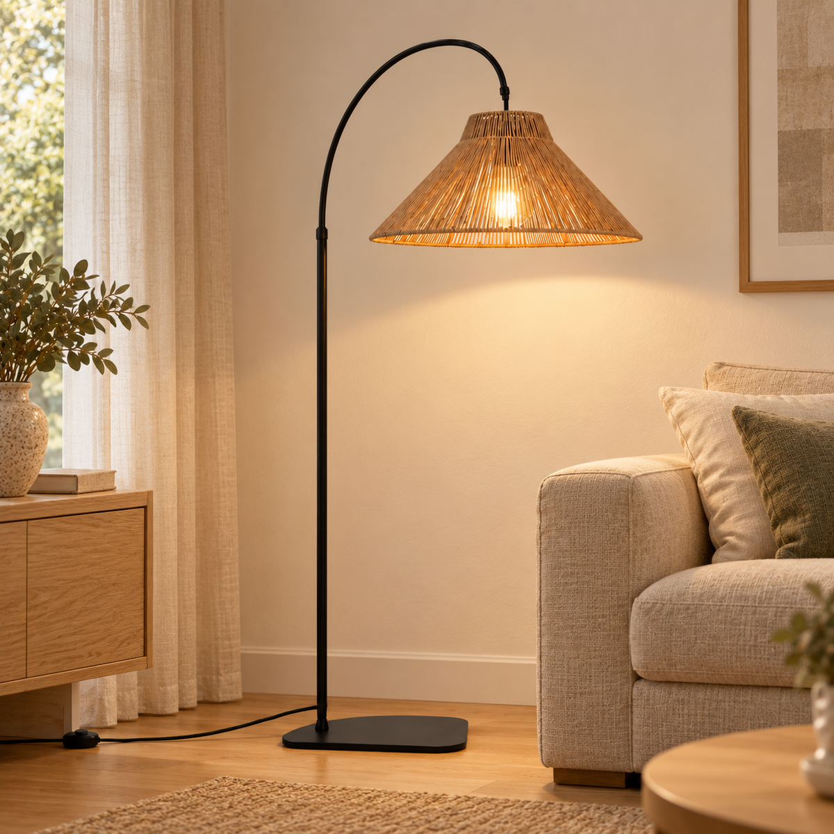 Lámpara de pie de arco exterior con pantalla de cuerda natural E27 IP44, vista en ambiente instalado