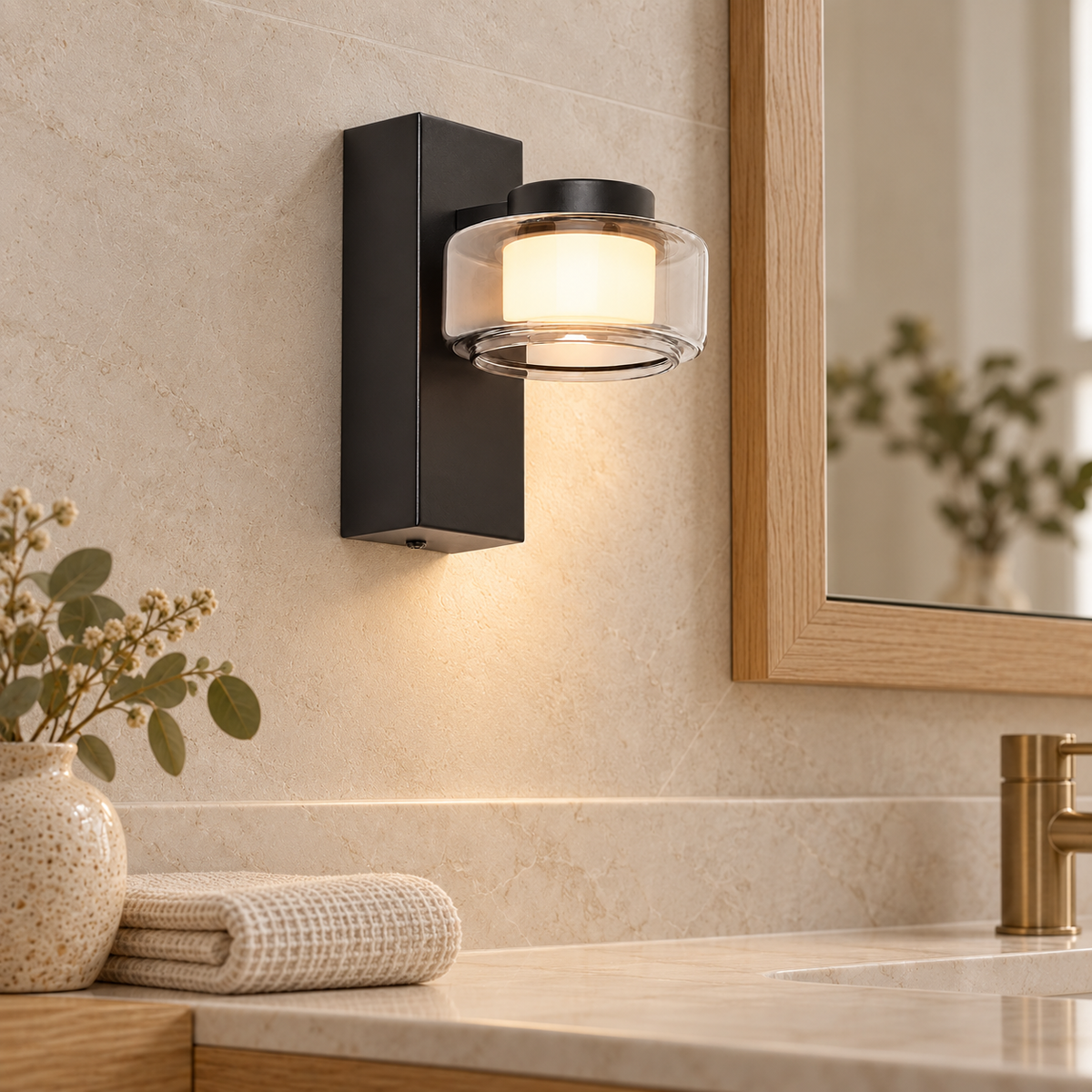 Aplique de baño negro de cristal con LED CCT seleccionable, vista en ambiente instalado