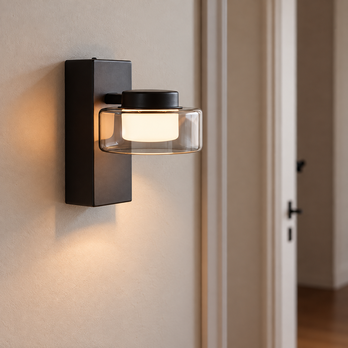 Aplique negro con LED integrado encendido junto a una puerta sobre pared clara
