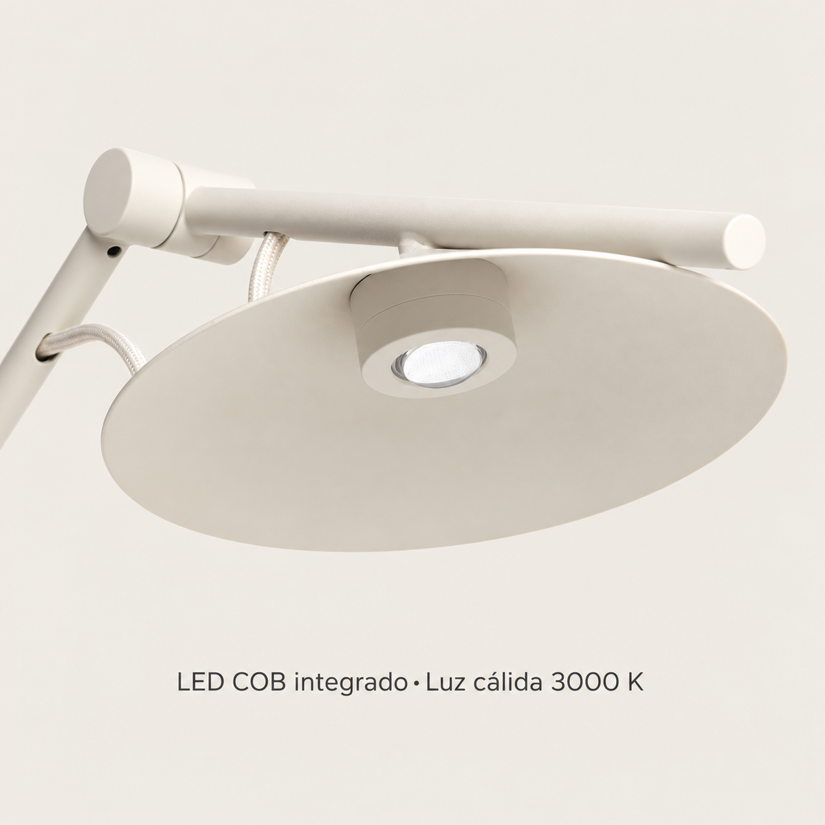 Detalle inferior del cabezal de disco y óptica LED COB integrada del flexo blanco roto