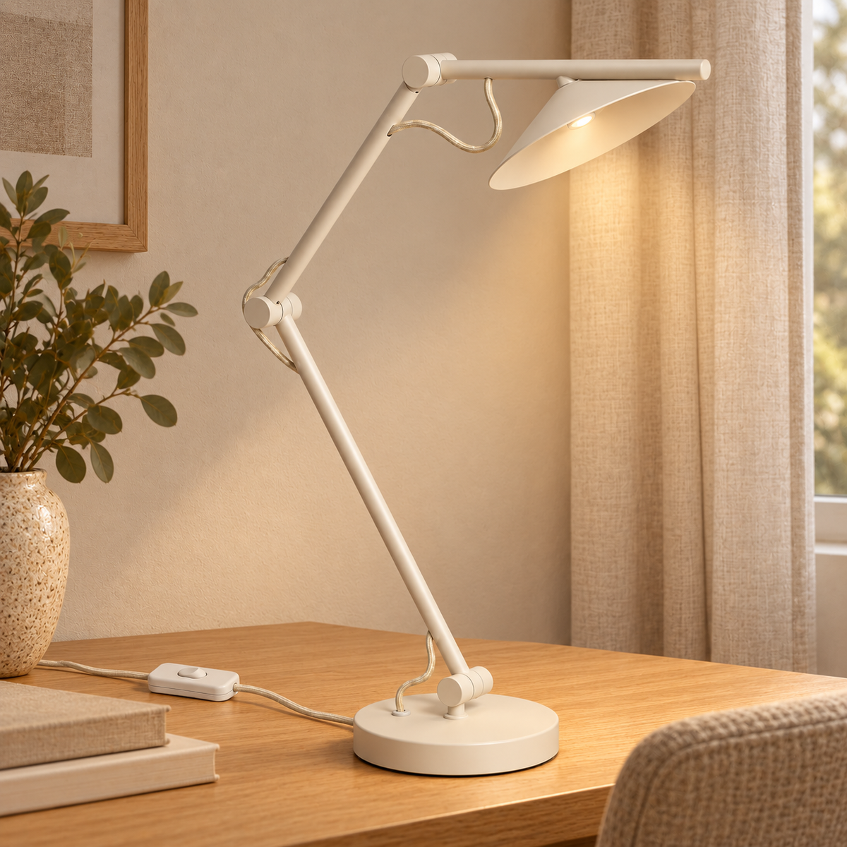 Flexo articulado LED de disco blanco roto 3000 K, vista en ambiente instalado
