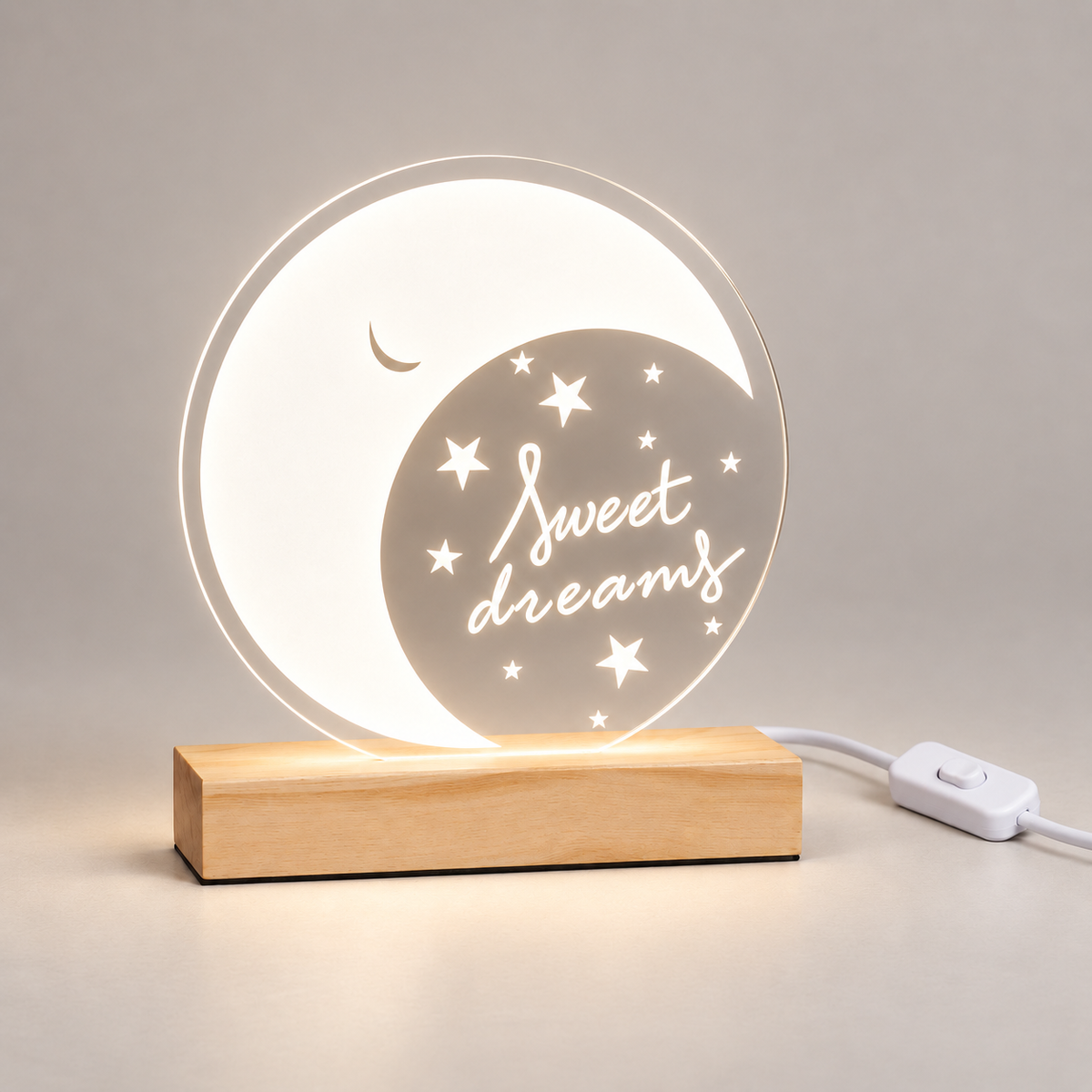 Lámpara decorativa de mesa de luna LED 4000 K con base de madera, luz encendida