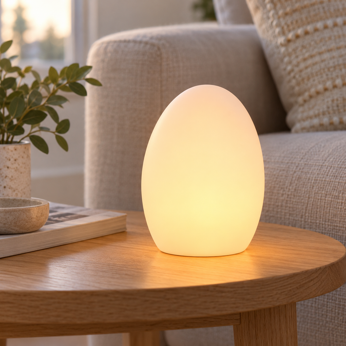 Lámpara oval inalámbrica 20143 encendida en tono ámbar sobre mesa de madera en salón