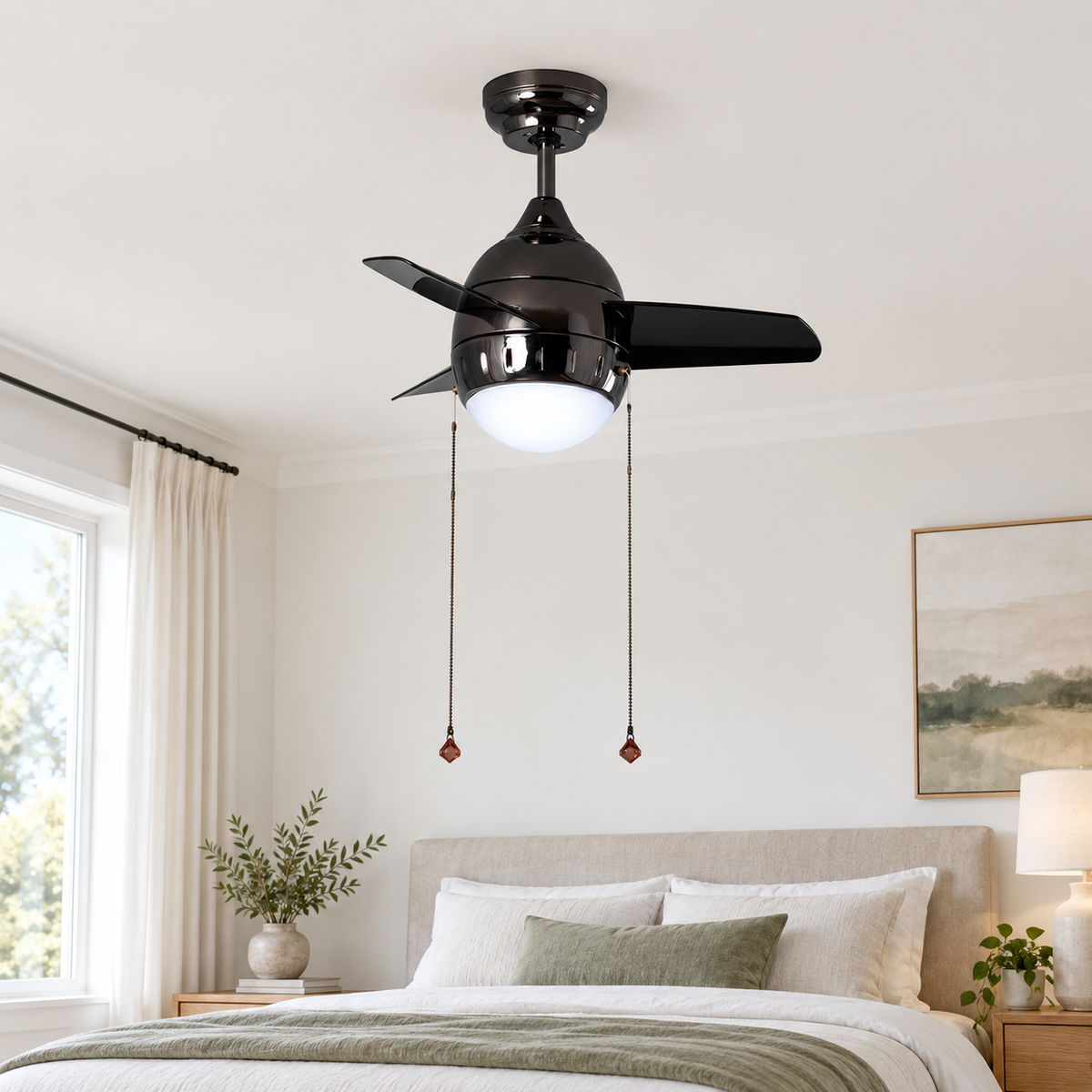 Ventilador de techo negro con LED y control por cadenas, vista ambiente