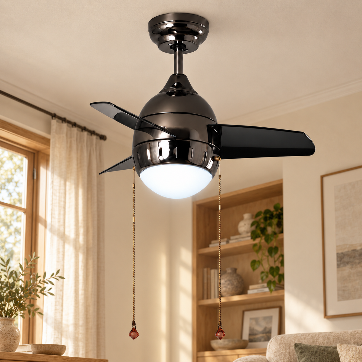 Ventilador de techo negro Ø66 cm con LED 7 W 6000 K y cadenas, vista en ambiente instalado