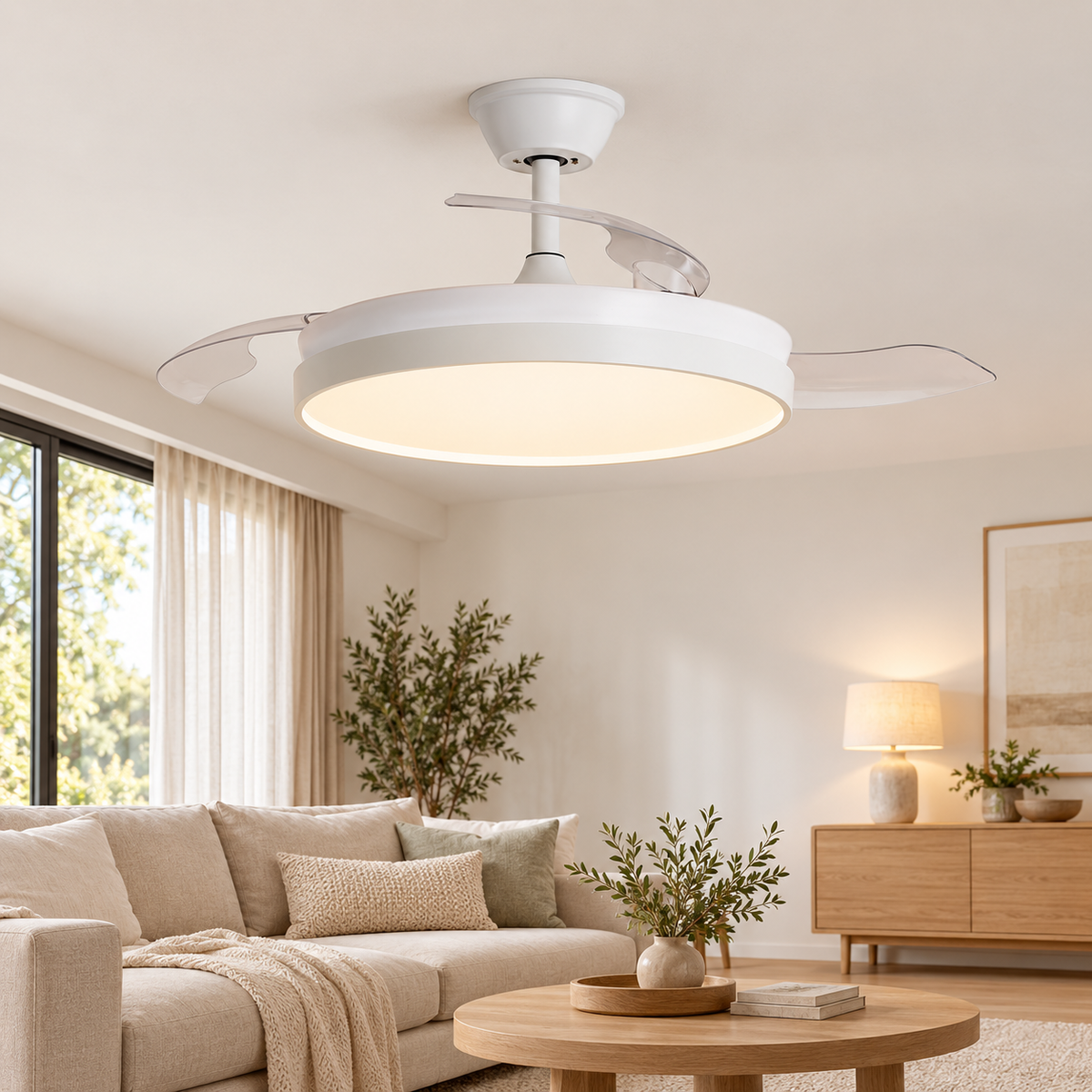 Ventilador de techo blanco con LED y aspas retráctiles, vista ambiente