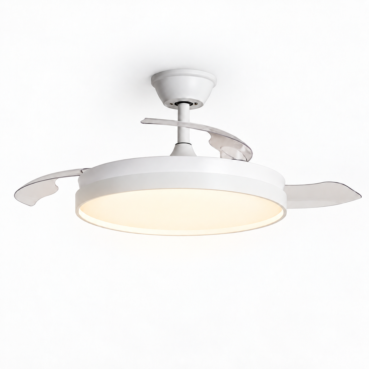 Ventilador de techo blanco con aspas retráctiles y LED CCT de 32 W, luz encendida