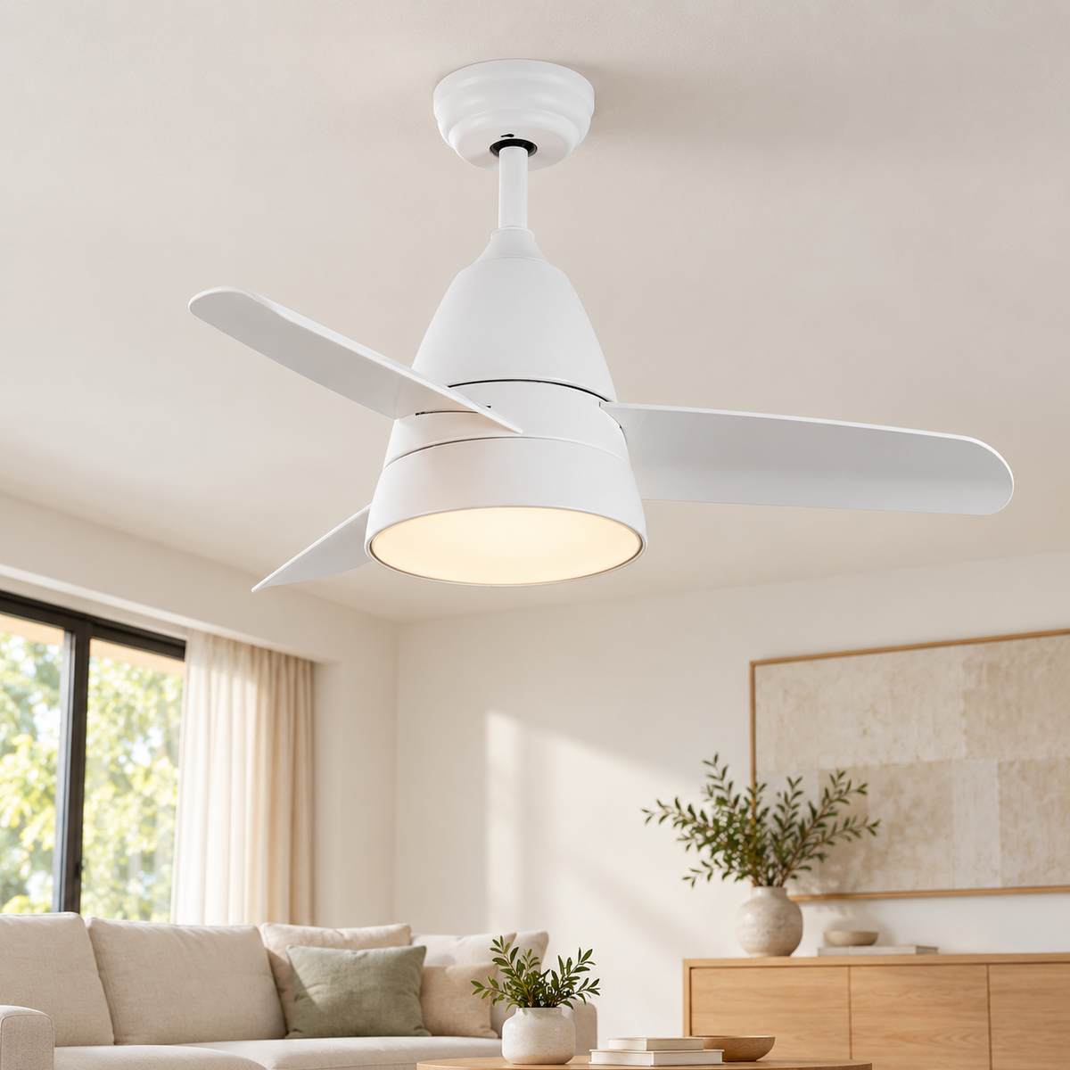 Ventilador de techo blanco con LED integrado, vista ambiente