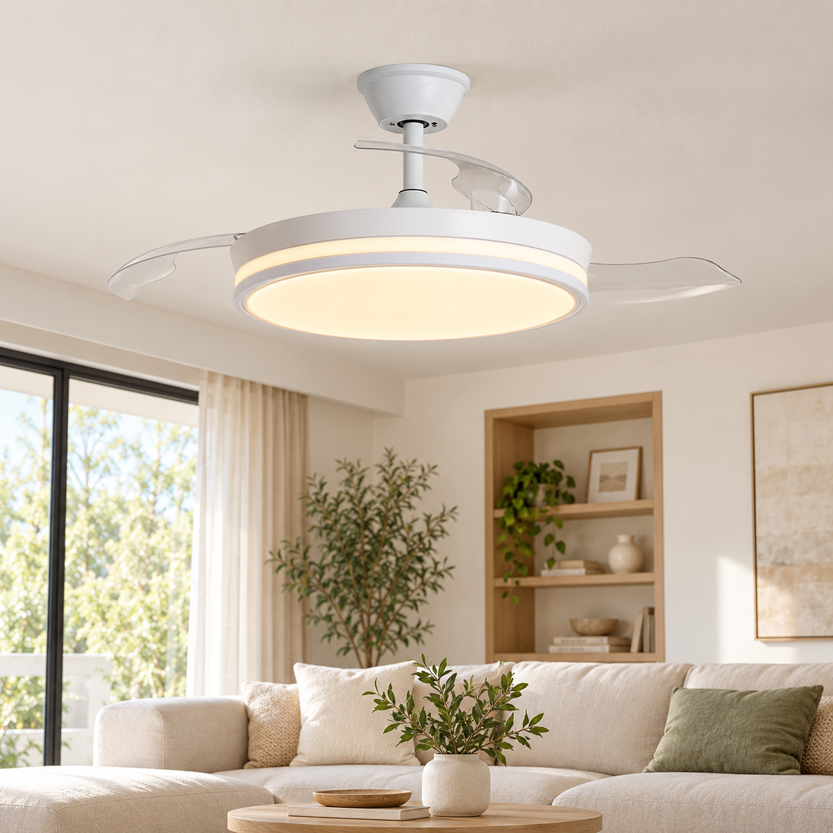 Ventilador de techo blanco con LED y aspas retráctiles, vista ambiente