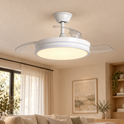 Ventilador de techo blanco Ø106 cm retráctil con LED CCT y temporizador, vista en ambiente instalado
