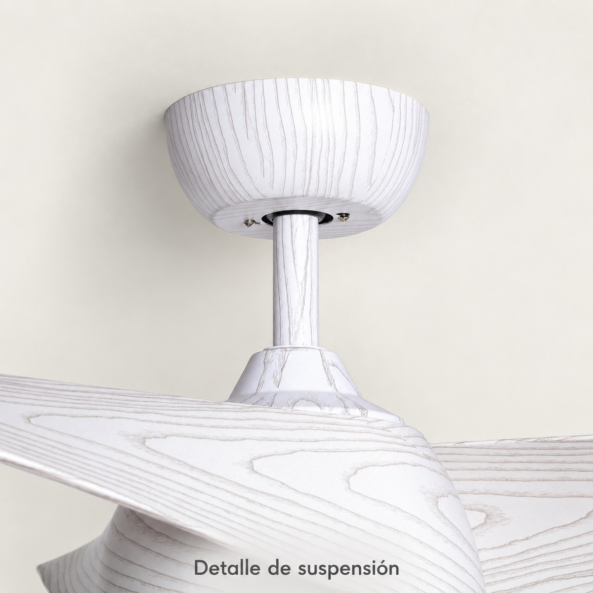 Ventilador de techo sin luz acabado madera blanca, vista detalle