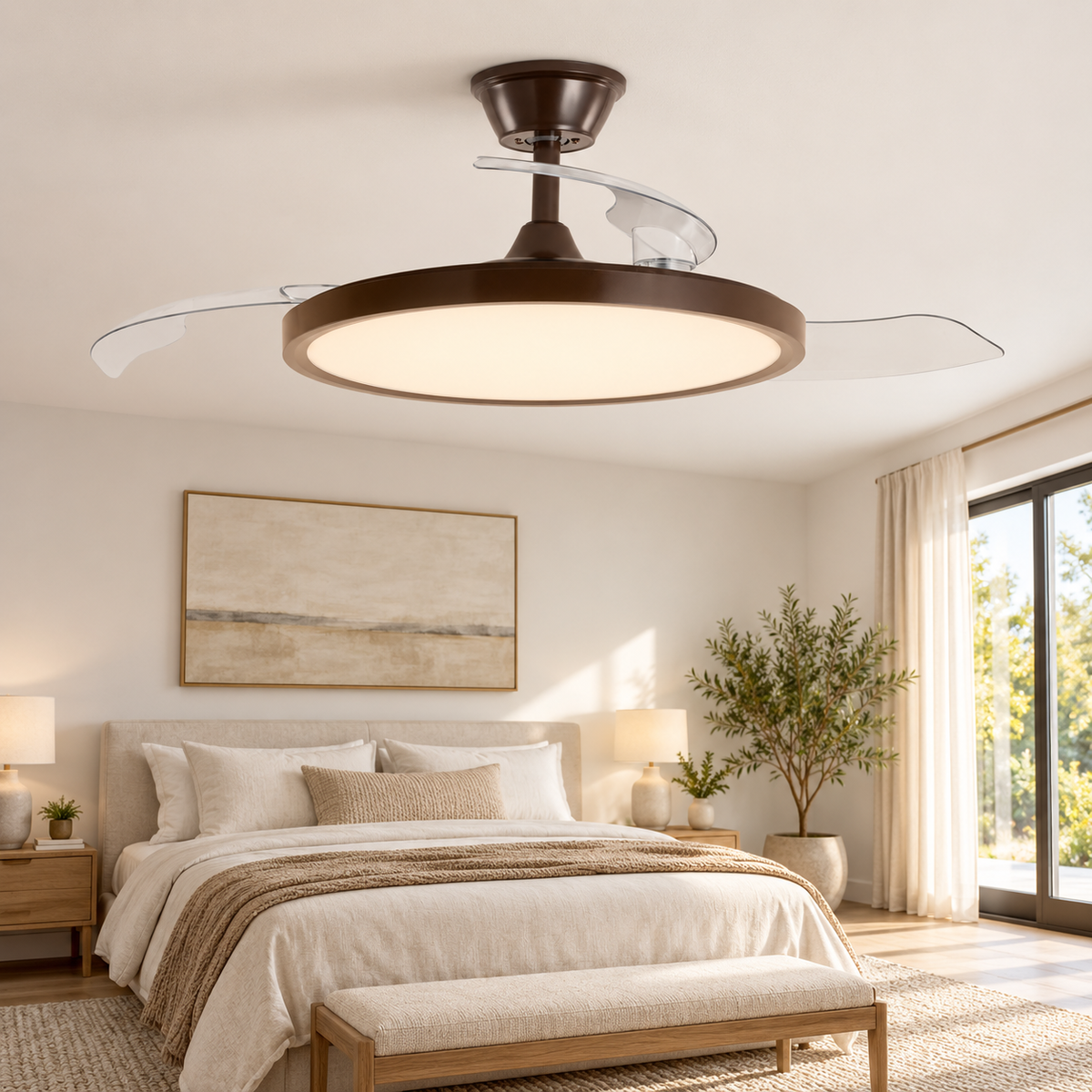Ventilador de techo 20166, instalado con luz encendida; representación ambiental