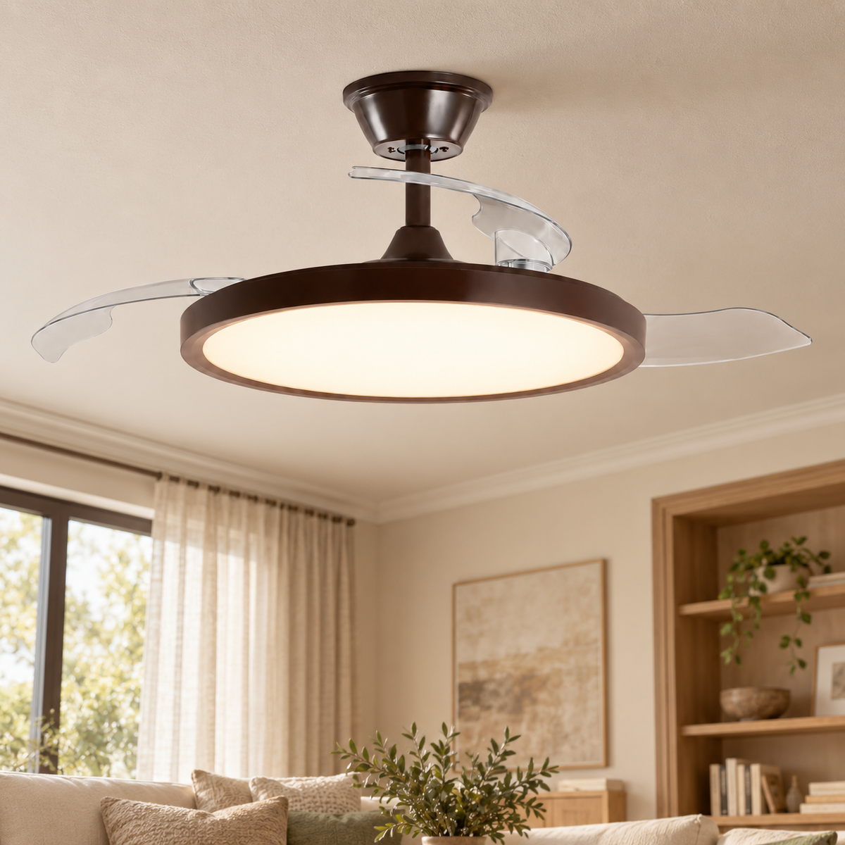 Ventilador de techo marrón con aspas retráctiles y LED CCT, vista en ambiente instalado
