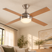 Ventilador de techo níquel con aspas de madera Ø132 cm y LED CCT, vista en ambiente instalado