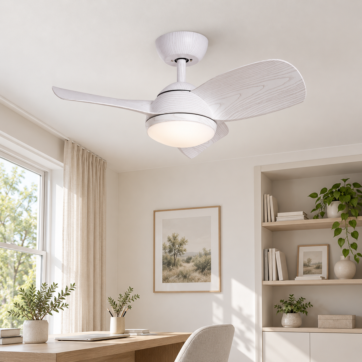 Ventilador de techo 20169, instalado con luz encendida; representación ambiental