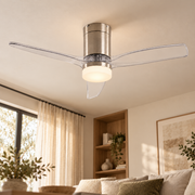 Ventilador de techo níquel Ø132 cm con aspas transparentes y LED CCT, vista en ambiente instalado