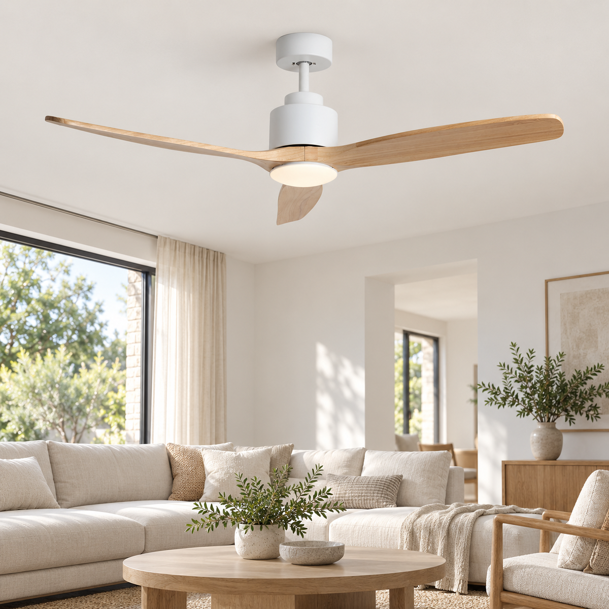 Ventilador de techo 20171, instalado con luz encendida; representación ambiental