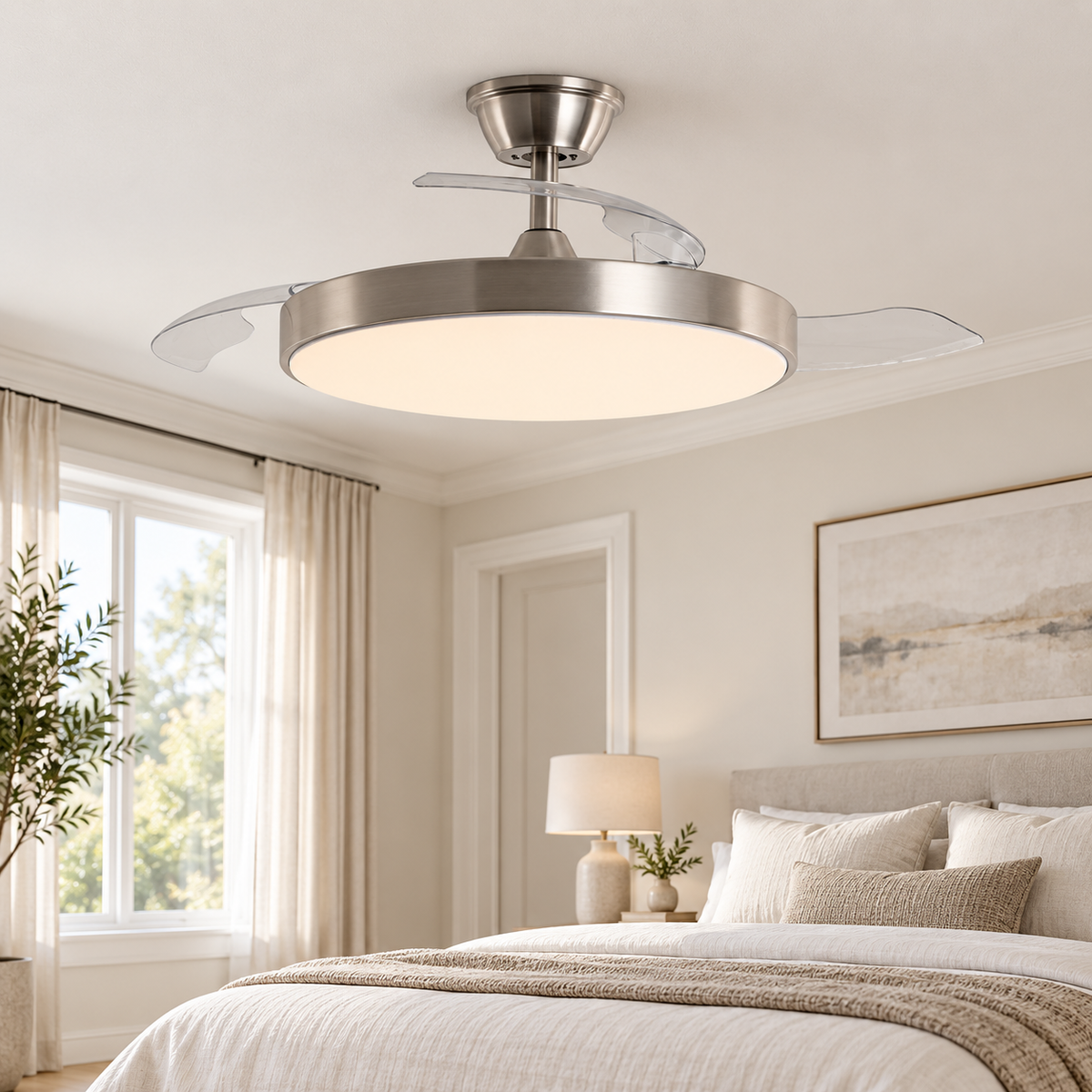 Ventilador de techo 20173, instalado con luz encendida; representación ambiental