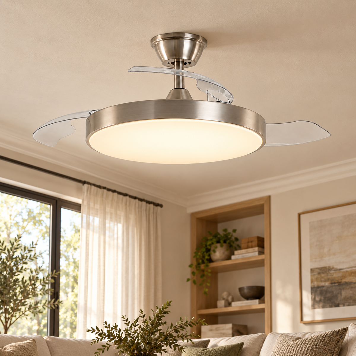 Ventilador de techo níquel con aspas retráctiles y luz LED CCT, instalado en una habitación