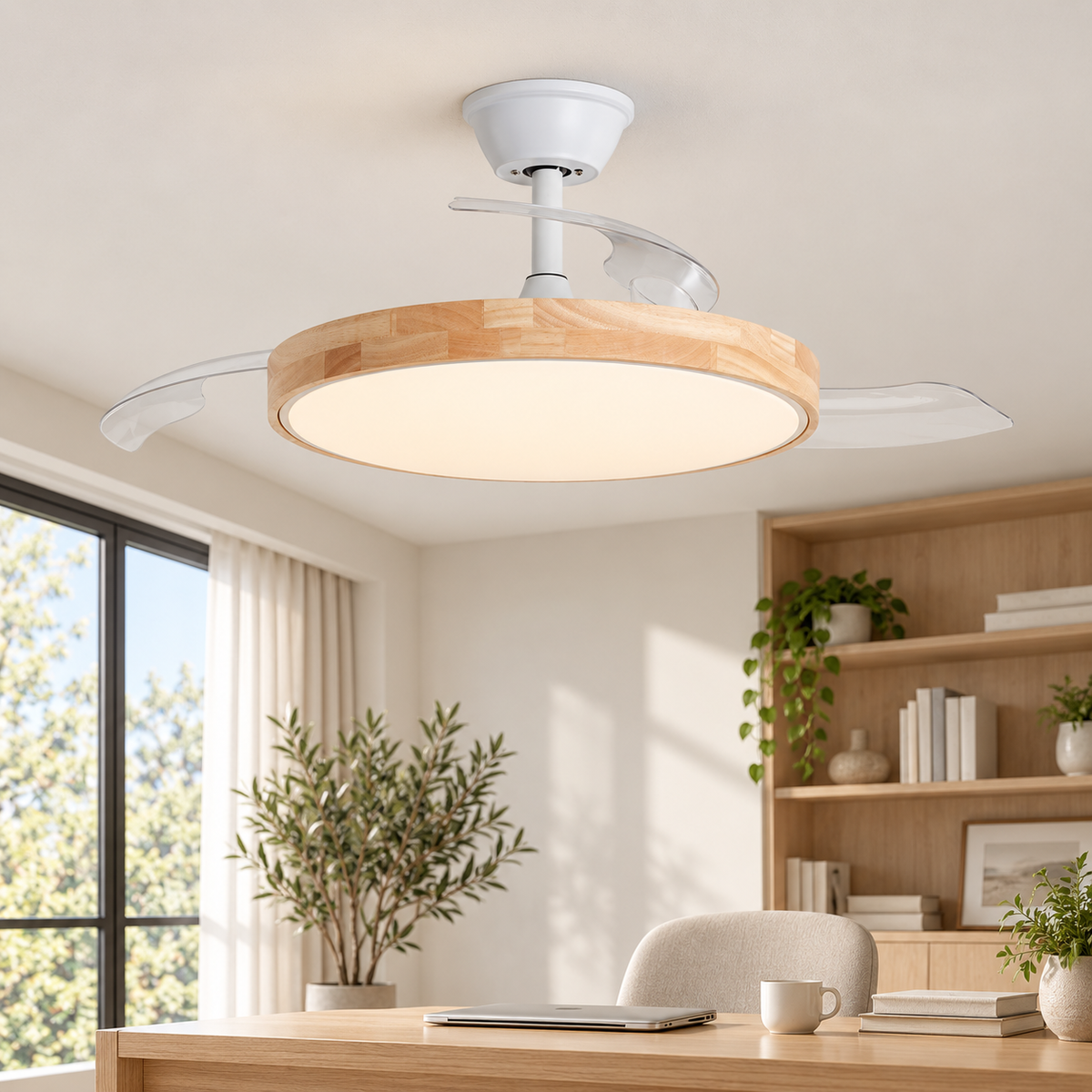 Ventilador de techo 20174, instalado con luz encendida; representación ambiental