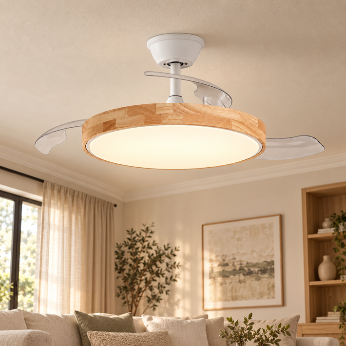 Ventilador de techo blanco y acabado madera con aspas retráctiles LED CCT, instalado en una habitación