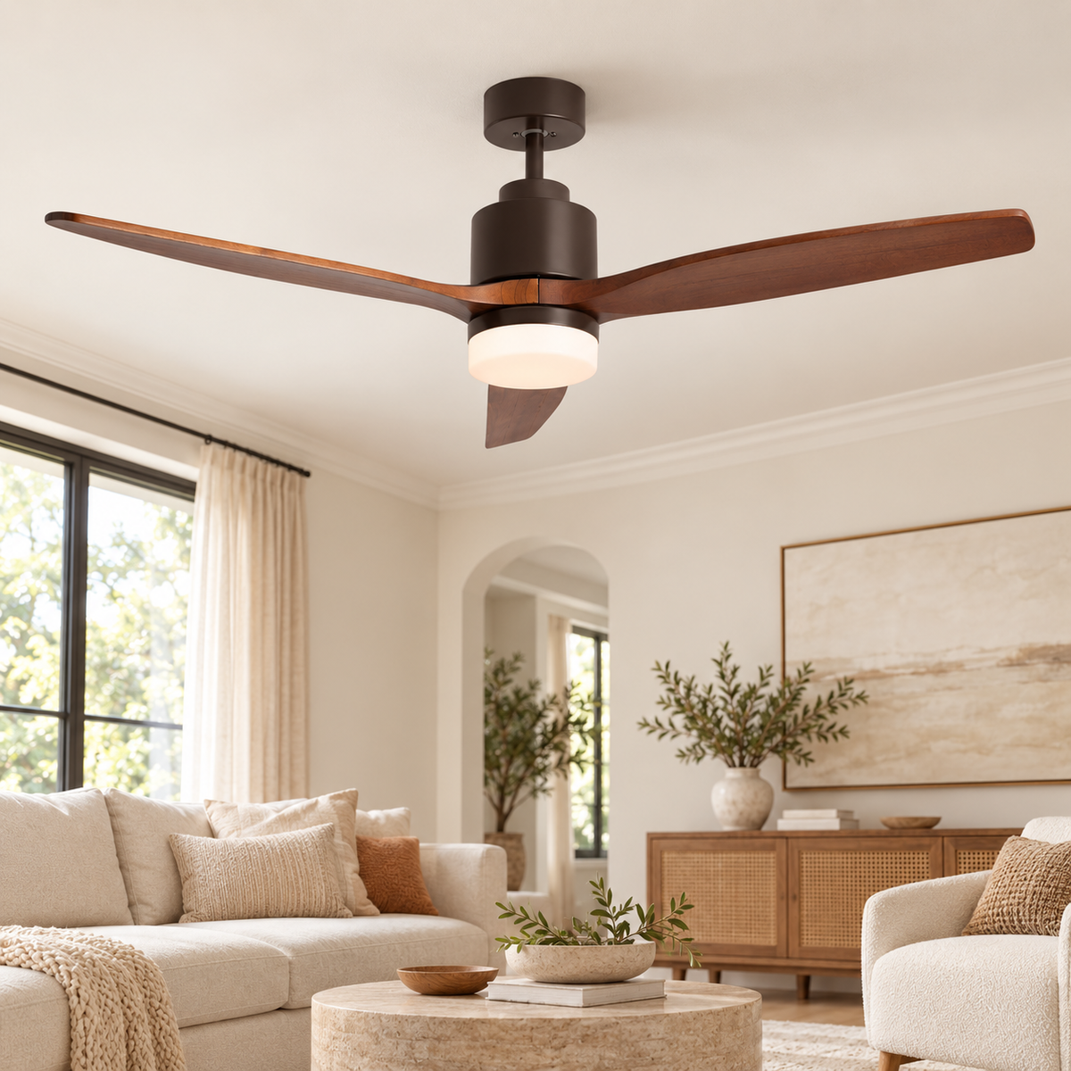 Ventilador de techo 20175, instalado con luz encendida; representación ambiental