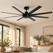 Ventilador de techo negro Ø165 cm de ocho aspas sin luz, instalado en una habitación
