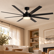 Ventilador de techo negro Ø165 cm de ocho aspas con LED CCT, instalado en una habitación