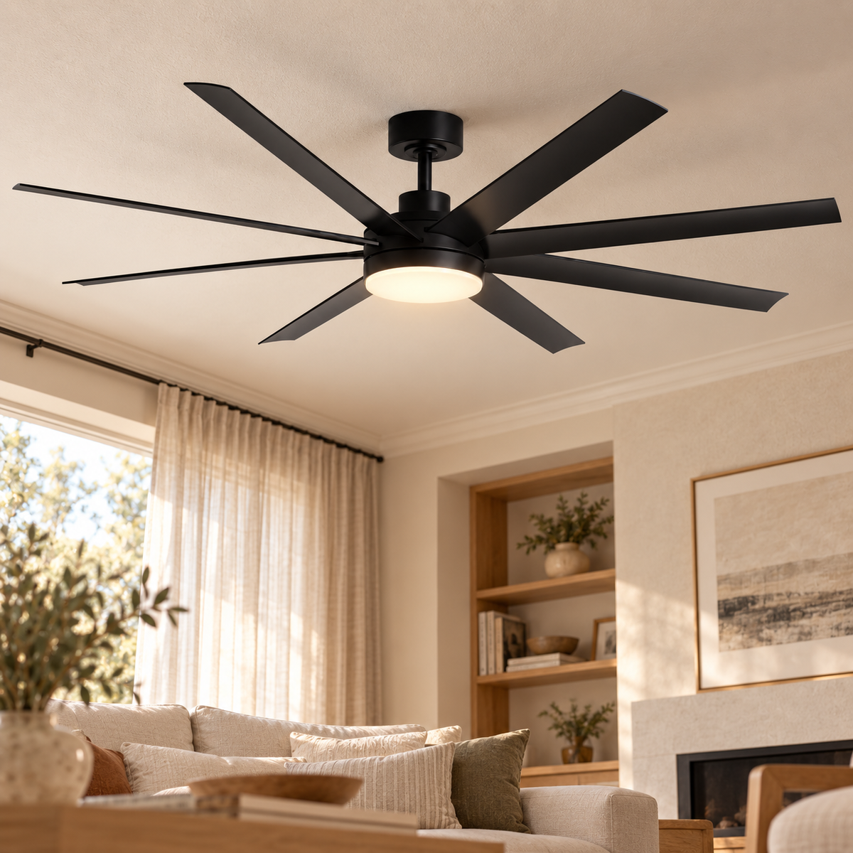 Ventilador de techo negro Ø165 cm de ocho aspas con LED CCT, instalado en una habitación