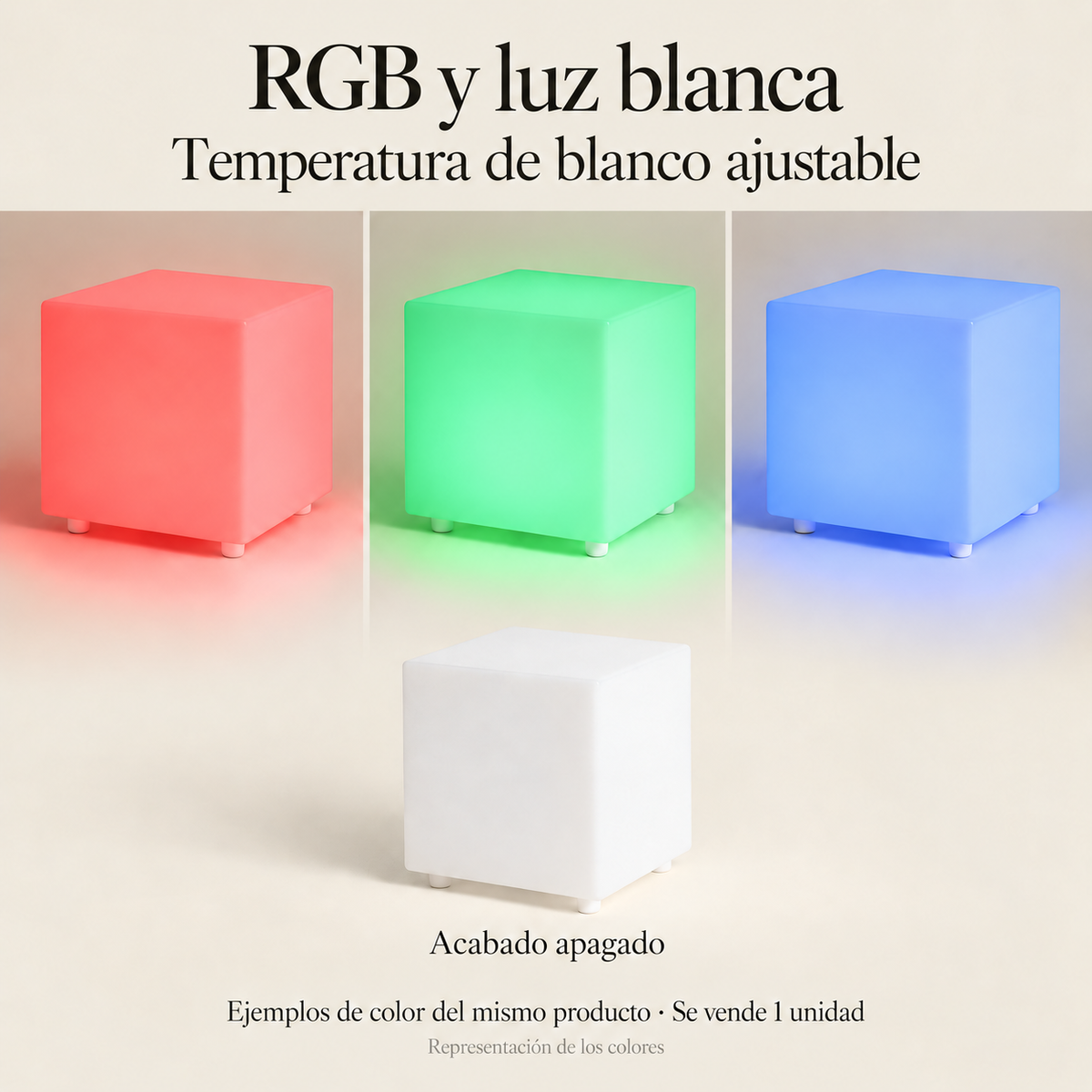 Cubo LED LedsCome de 30 cm mostrado en rojo, verde, azul y apagado; ejemplos del mismo producto, se vende una unidad.