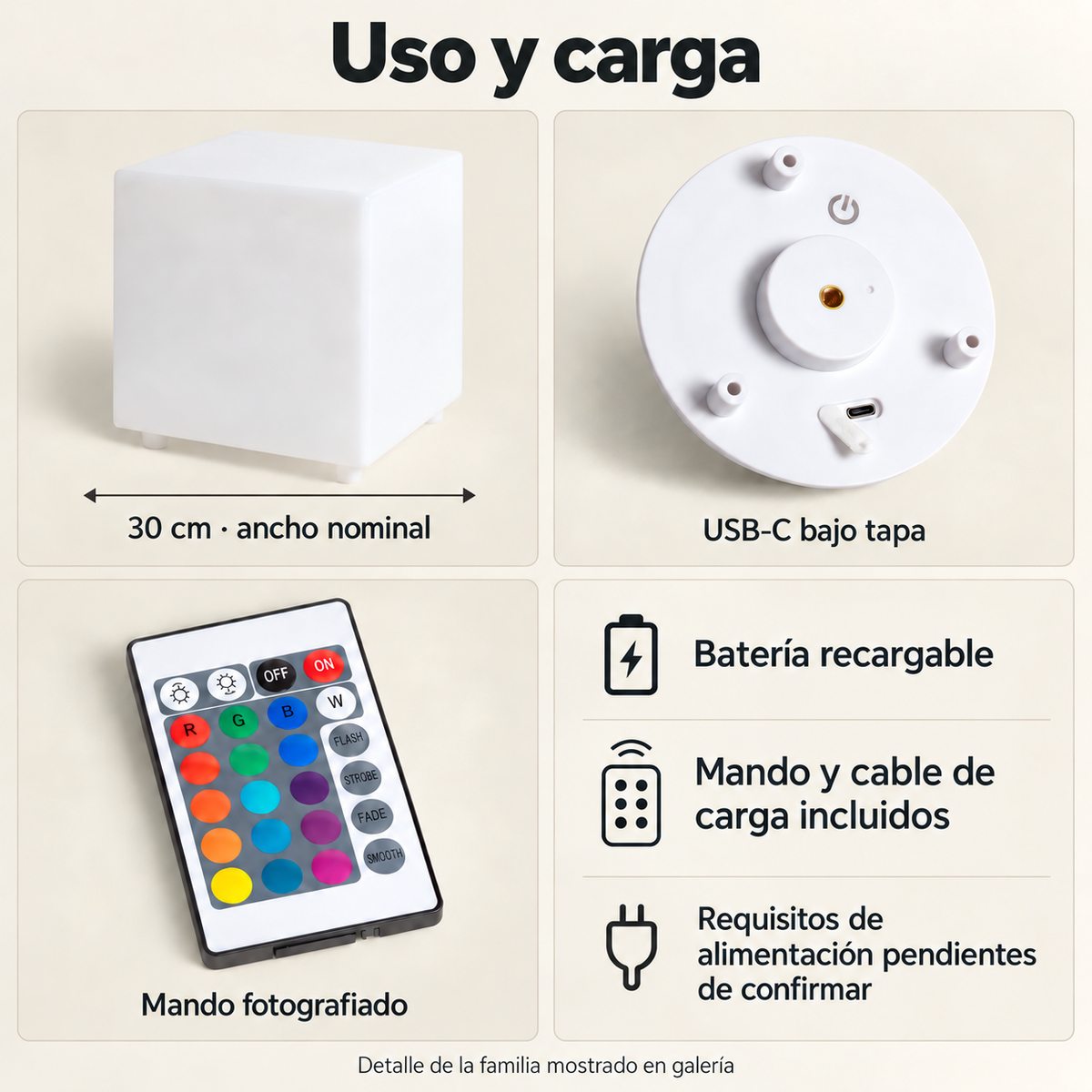Cubo LED de 30 cm de ancho, puerto USB-C bajo tapa y mando real. Mando y cable de carga incluidos.