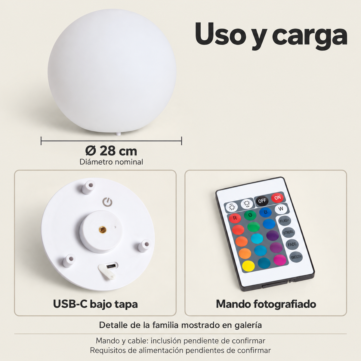 Esfera LED apagada de diámetro nominal 28 cm, con recuadros del módulo USB-C bajo tapa y mando fotografiado de 24 teclas; inclusión de mando y cable y requisitos de alimentación pendientes de confirmar. Detalle de familia mostrado en galería