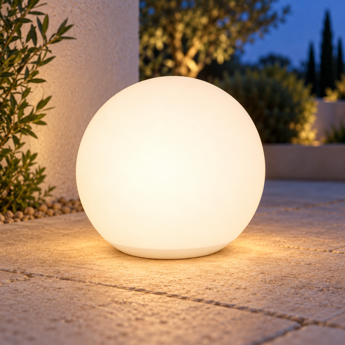 Esfera solar blanca con luz cálida en una terraza al anochecer