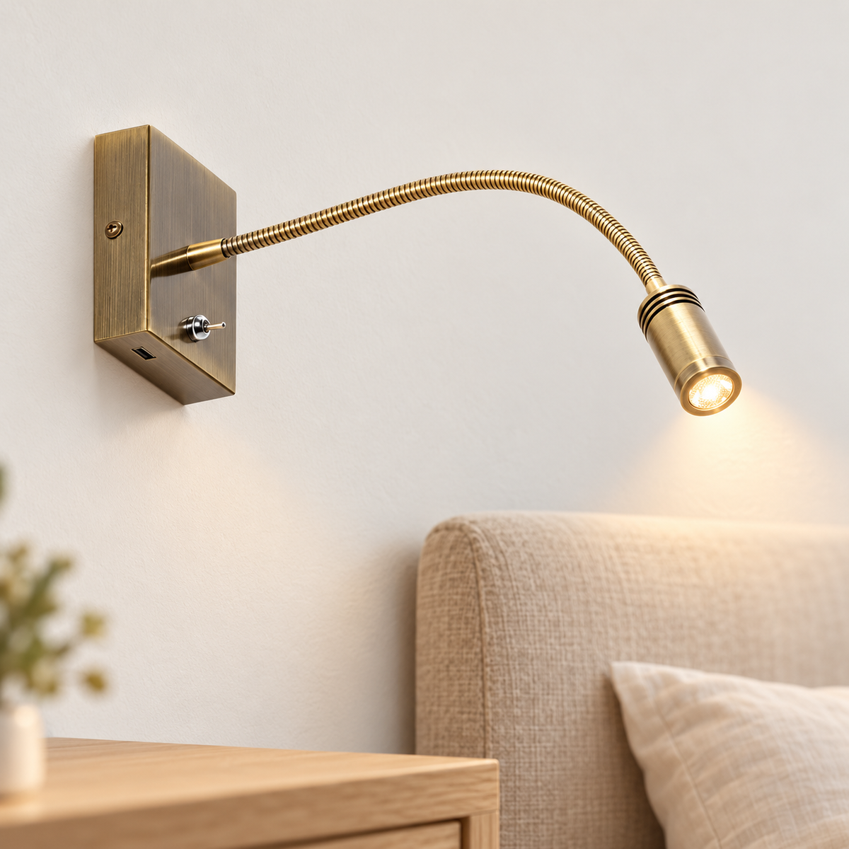 Aplique LED de lectura dorado con USB-A 2,5 W 3000 K instalado en ambiente