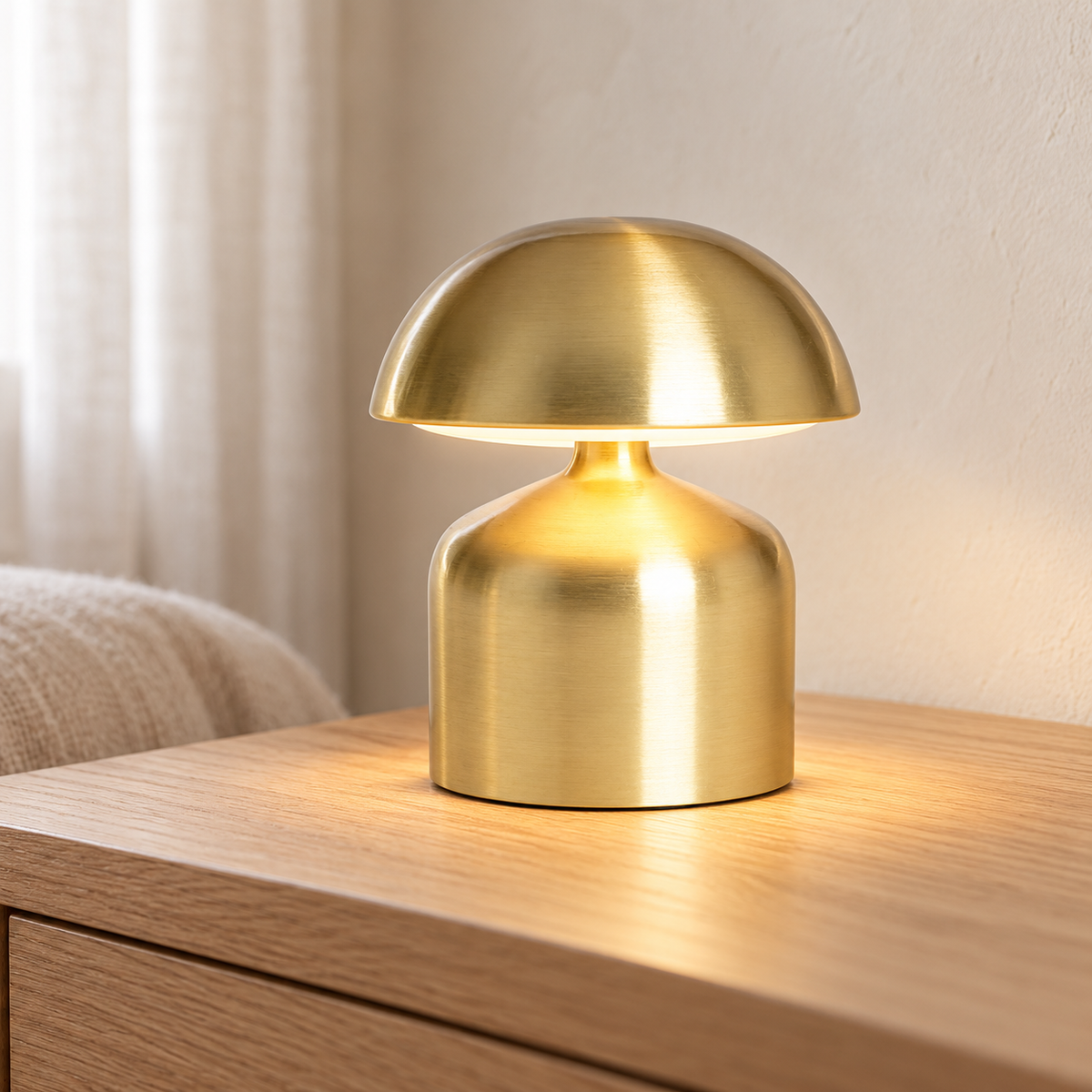 Lámpara de mesa portátil dorada encendida sobre una mesilla clara
