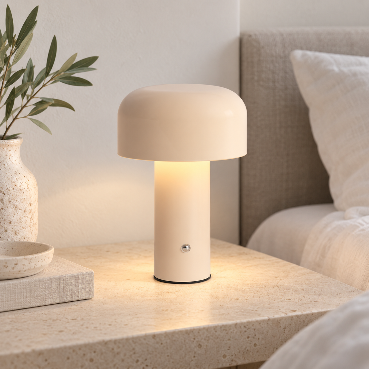 Lámpara de mesa beige encendida de pantalla cilíndrica en un ambiente interior claro