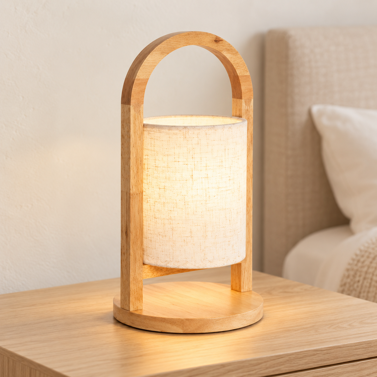 Farol de mesa de madera natural y tela encendido sobre una mesita de dormitorio claro