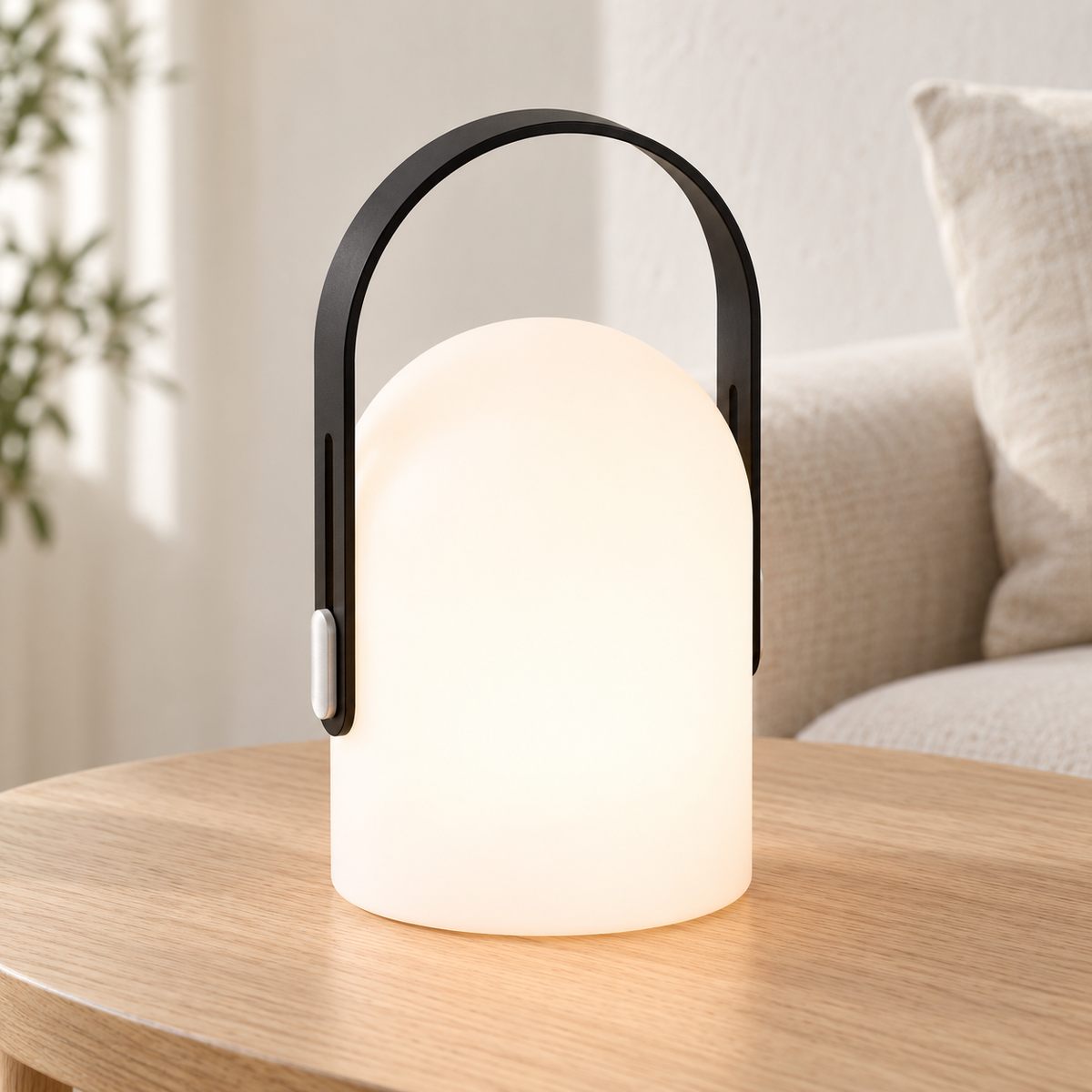 Farol blanco encendido con asa negra sobre una mesa de salón interior