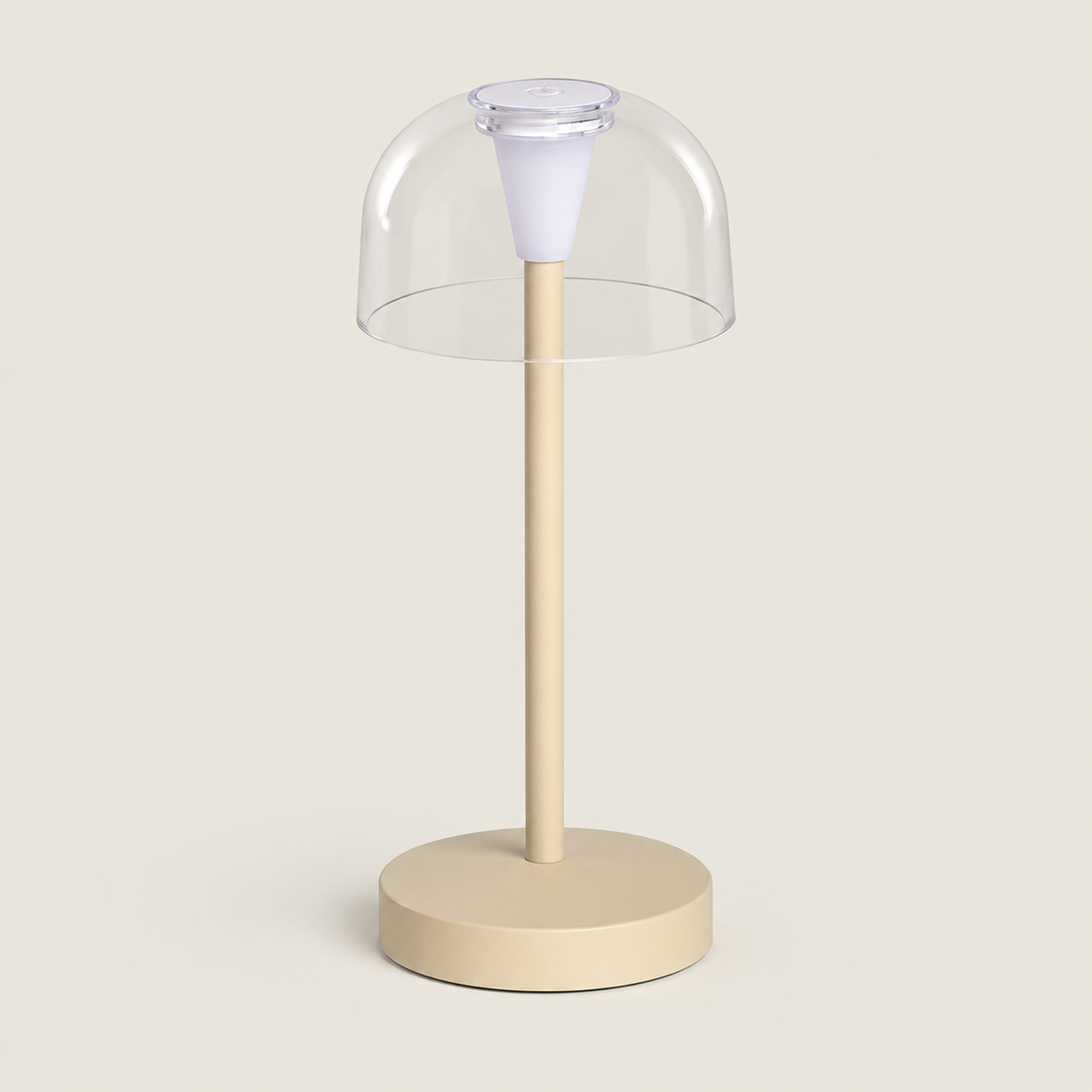 Mini lámpara beige apagada con pantalla transparente, fuste fino y base redonda